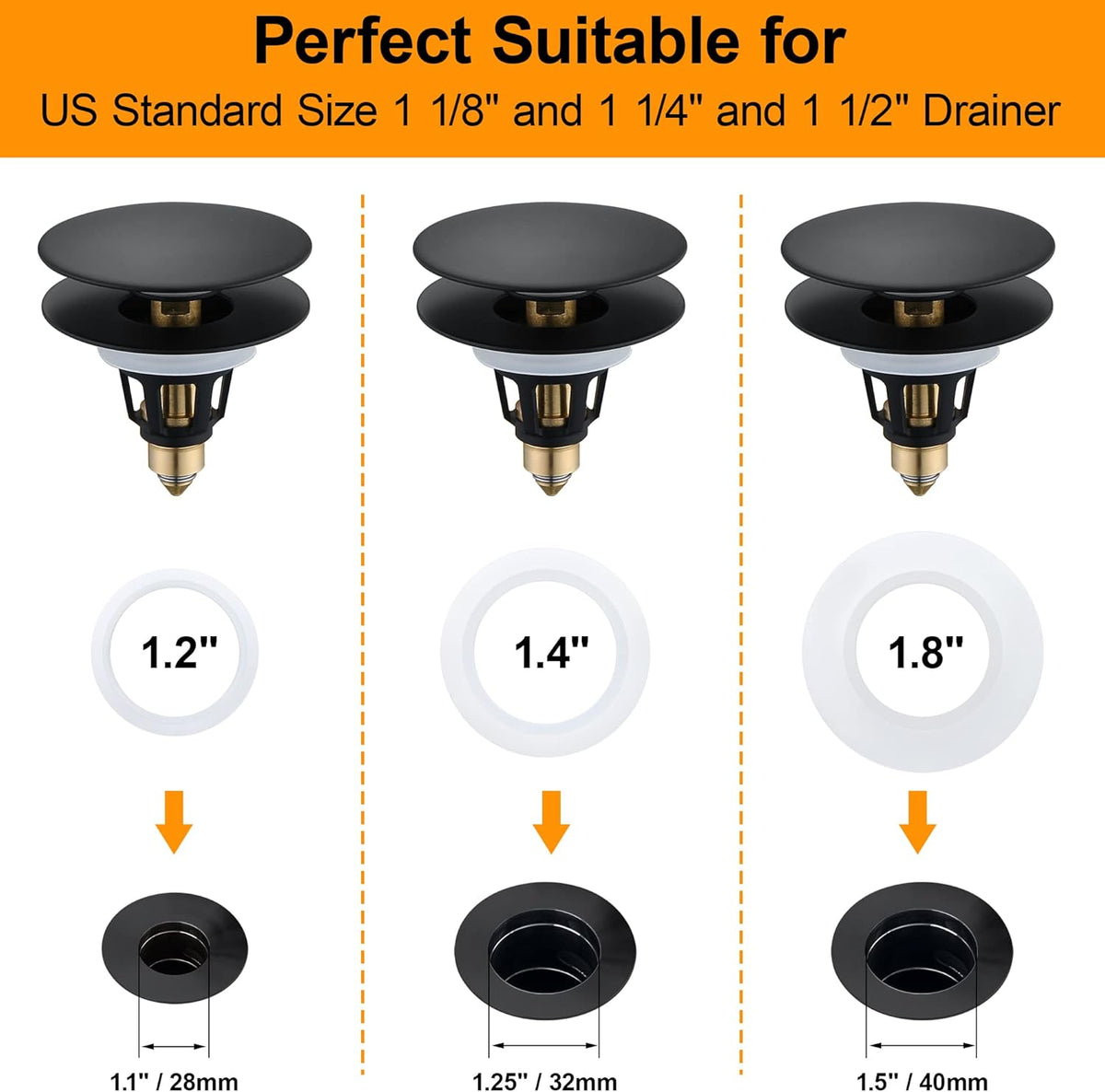 Universal Bathroom Sink Drain Stopper - 1.1~1.5" Pop Up Drain Stopper, Anti-Clogging Bounce Basin Filter with Hair Catcher, Stainless Steel Sink Drain Strainer (Matte Black)