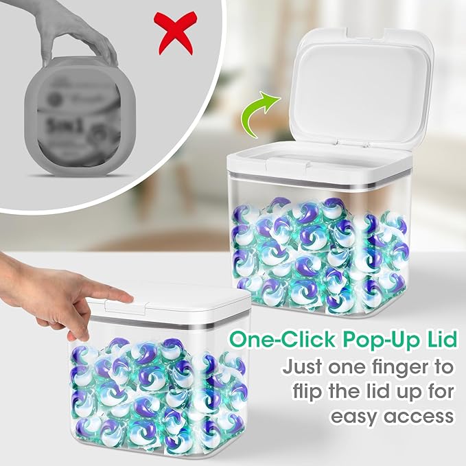 2 Pack Laundry Pods Container with One-Click Pop-up Lid, 95 oz + 68 oz Laundry Room Detergent Storage Container for Laundry Powder, Scent Booster, Dryer Sheet, Dryer Ball, Dishwasher Pod Holder