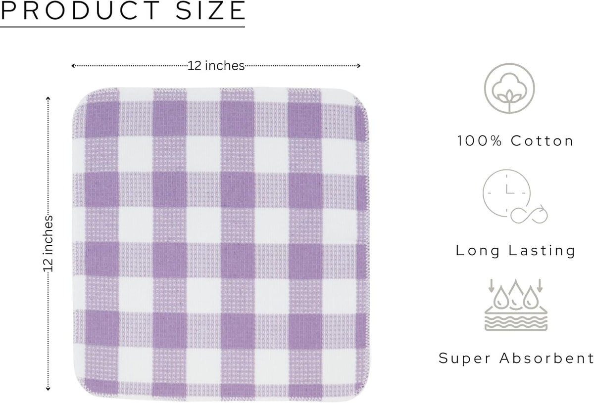 Waffle Weave Plaid Dish Cloths, 100% Cotton - 12 x 12 Inches, Ultra Soft Absorbent Quick Drying Dish Towels Buffalo Check Dish Rags for Kitchen, 6 Pack - Spring Summer - Lavender and White