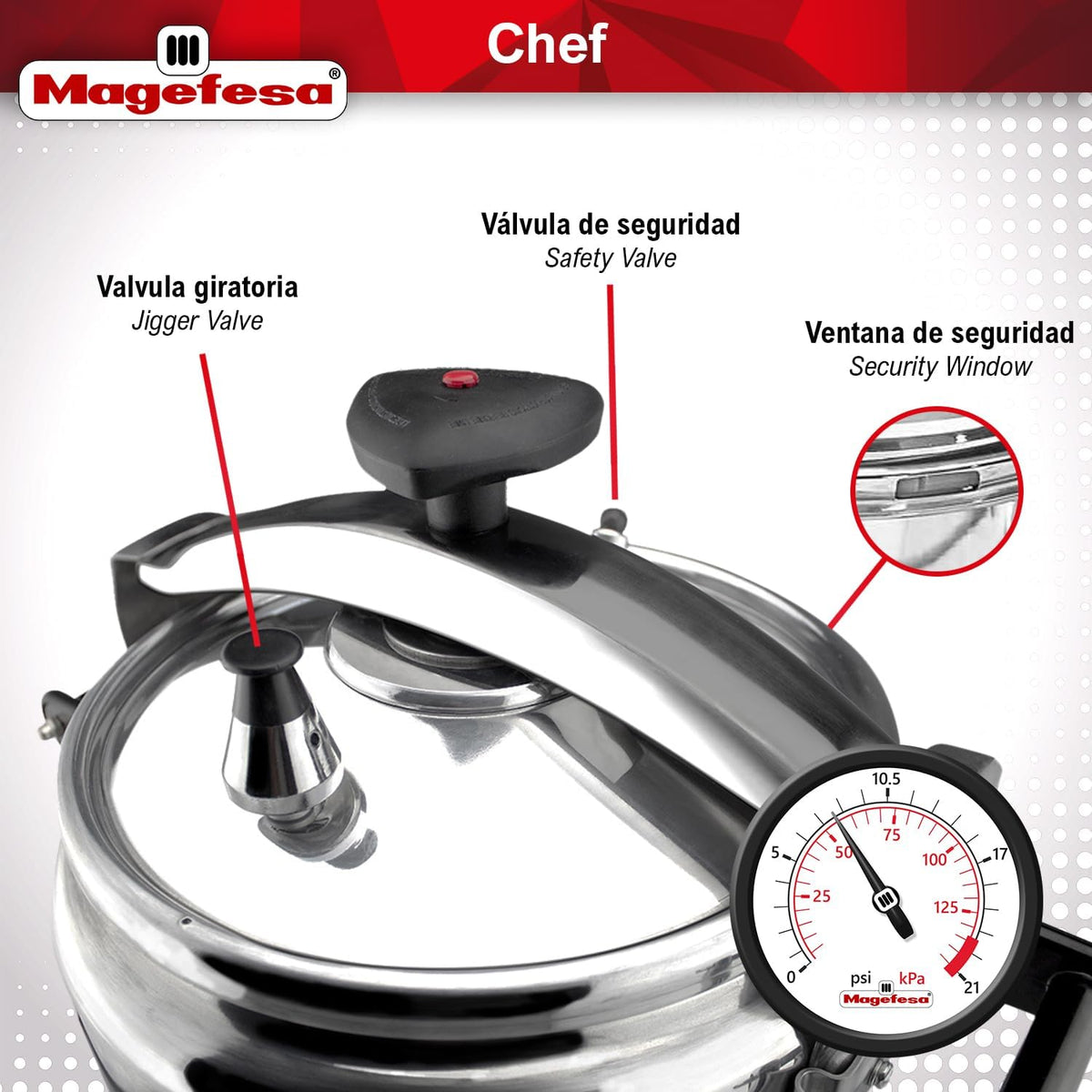 MAGEFESA Chef 23-Quart Aluminum Pressure Cooker – Stainless Steel Lid, Thermodiffusion Base, 3 Safety Systems, Fast & Even Cooking