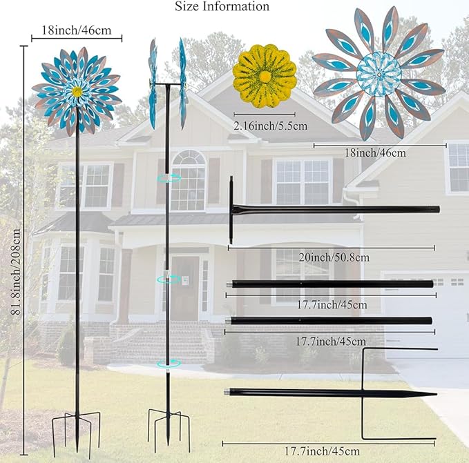Viveta Wind Spinners,18 * 81" Large Outdoor Wind Spinner,Double-Side Wind Sculpture with 4 Sturdy Stake,Metal Windmill for Yard and Garden