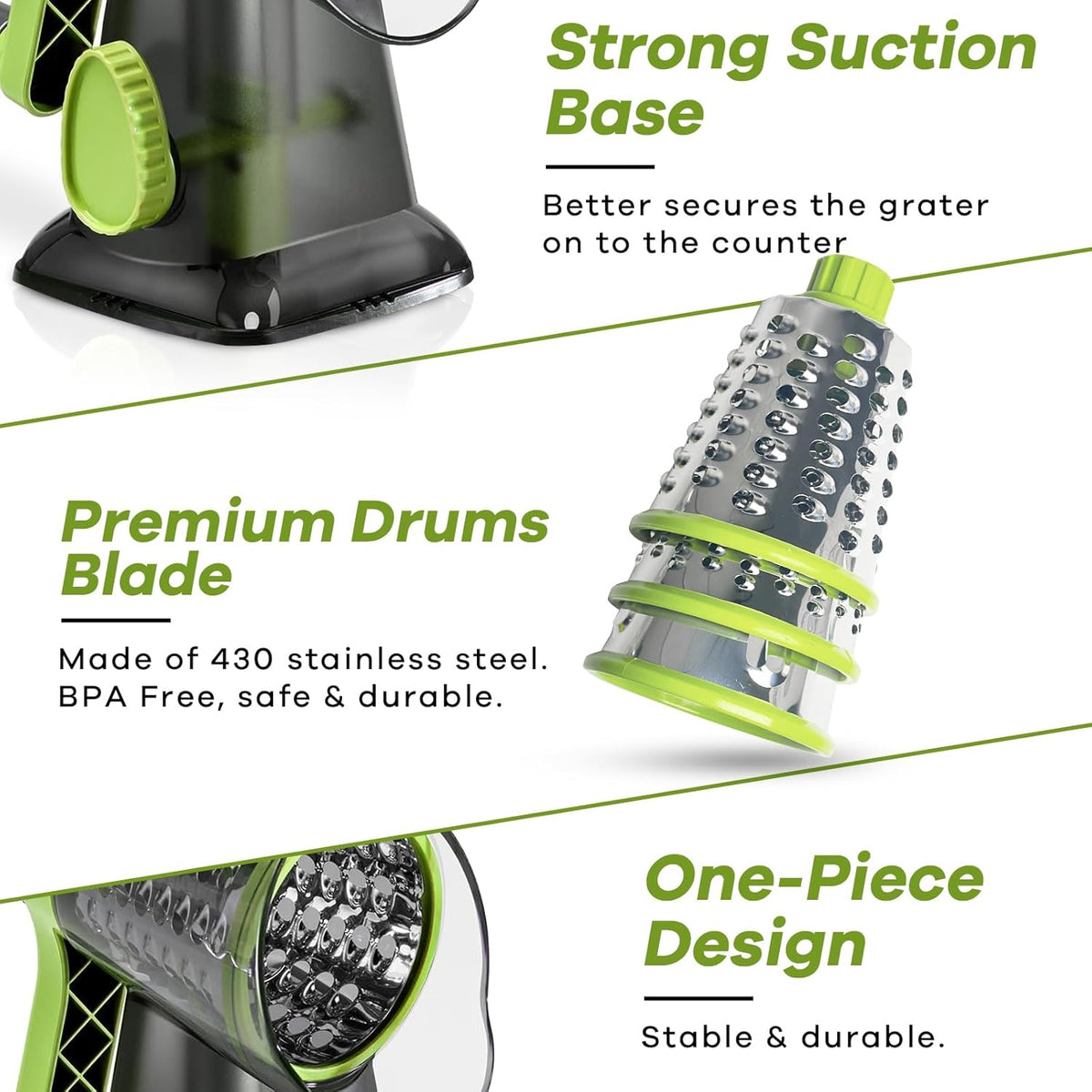 Rotary Cheese Grater with Handle, XinM Cheese Shredder Kitchen Mandoline Vegetable Slicer with 3 Interchangeable Blades, Easy to Clean Rotary Grater for Cheese Potato Nuts Chocolate (Green)