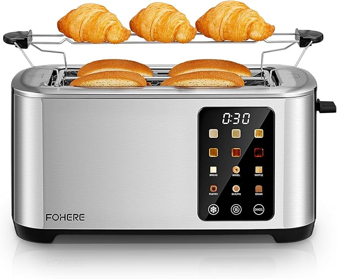 4 Slice Toaster Touch Screen Control, Long Extra Wide Slots Smart Bread Toaster, 6 Bread Types & 6 Shade Settings, Stainless Steel Toaster, with Removable Tray, Cancel/Defrost/Reheat Function, Sliver