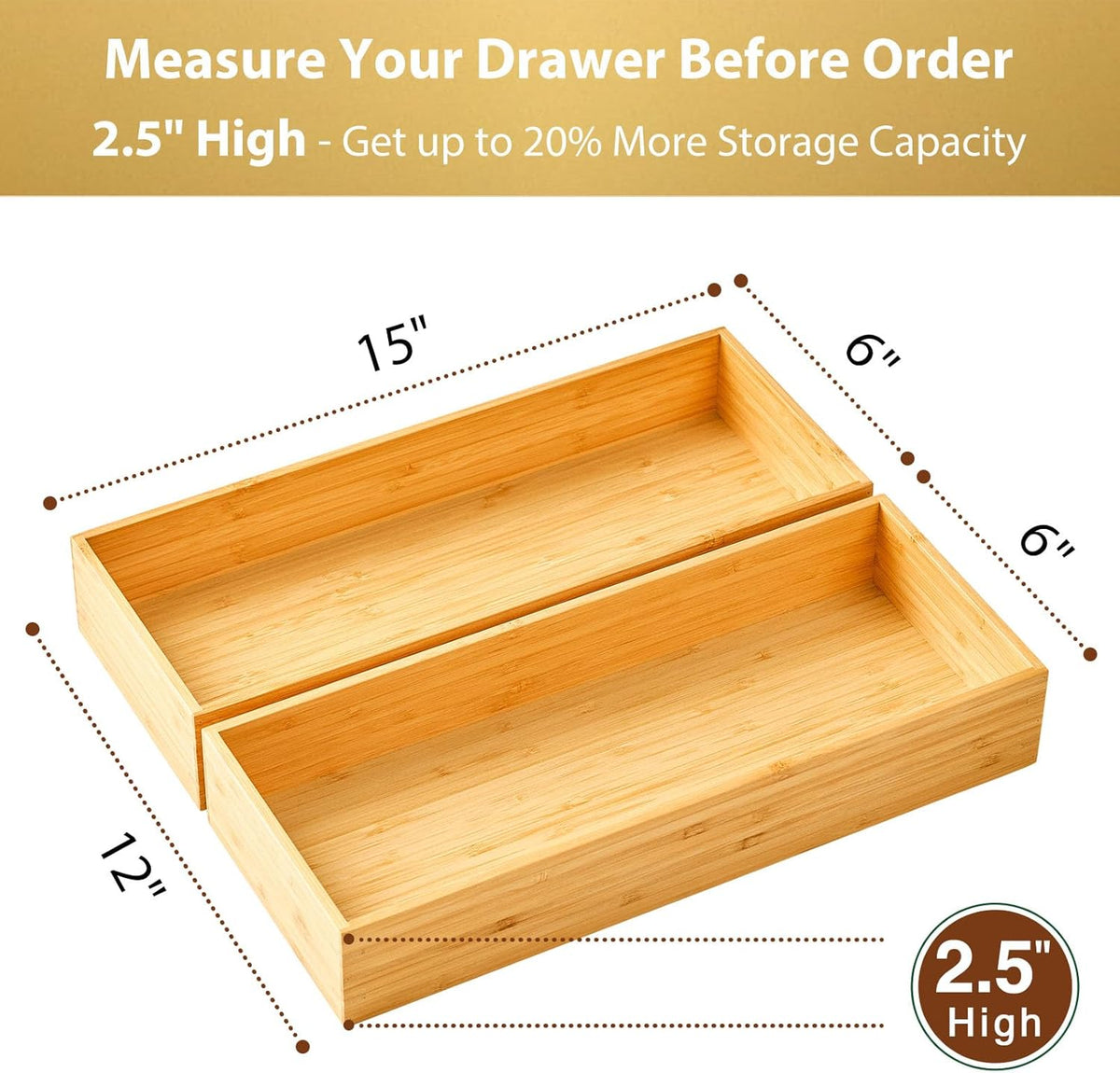 Umilife Bamboo Kitchen Utensils Organizer, Extra High Silverware Drawer Tray, Flatware Cutlery Storage Box, Multi-Use Holder in Office, Bathroom, Pantry - 15"x6"x2.5" (Set of 2)