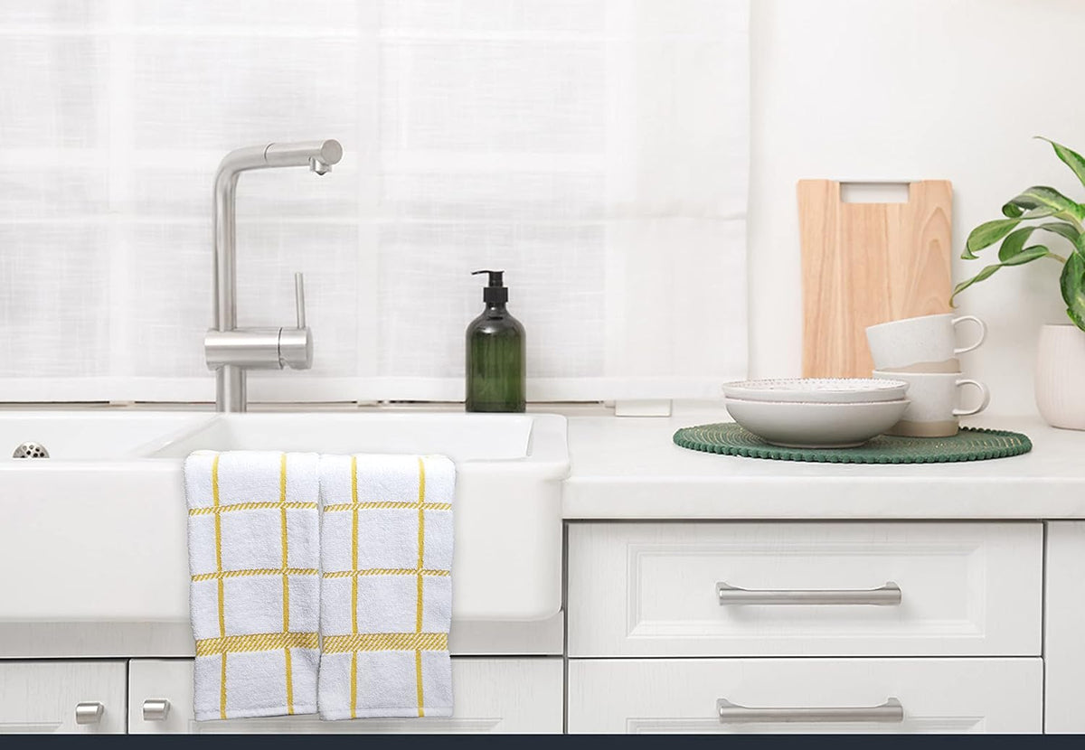 100% Cotton Terry Dish Towels, 4 Pack Checks, 16 x26 Inches, Super Soft and Absorbent Kitchen Towels, Perfect for Kitchen Cleaning and Dish Washing | Yellow
