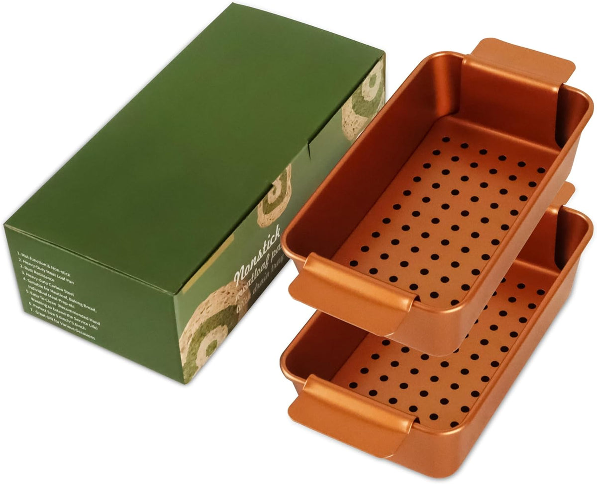 Gold Meatloaf Pan with Drain Tray, Non Stick loaf Pan Set of 2, Heavy Duty 9.8x5.7 Inch Meat loaf Pan with Insert Drip Rack, for Baking Bread and Healthy Meatloaf