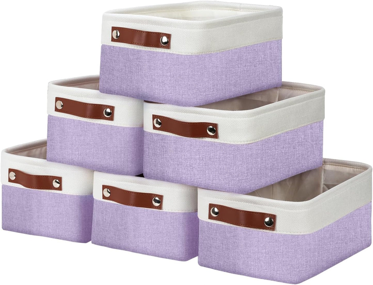 DULLEMELO Small Storage Baskets 6 Pack, Fabric Collapsible Gift Storage Baskets for Shelves, Closets, Nursery, Home, Office Organizing,Small Canvas Linen Rectangular Storage Bins (White&Purple)