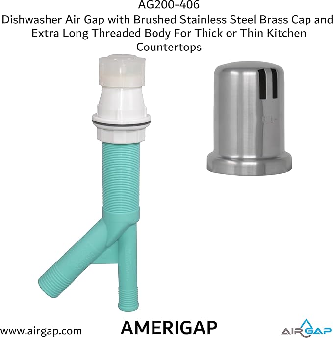 Dishwasher Air Gap with Skirted Brushed Stainless Steel Brass Cap and Extra Long Threaded Body for Thick or Thin Kitchen Countertops (AG200-406, AG200-X06, AMERIGAP)