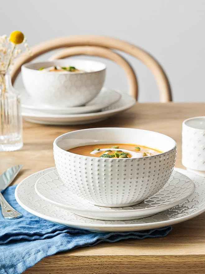 LE TAUCI Dinnerware Sets 12 PCS, Ceramic Plates and Bowls Set, Suit For Housewarming (10" Dinner Plate + 8" Salad Dish + 26 oz Cereal Bowl) x 4, Oven safe - Arctic White