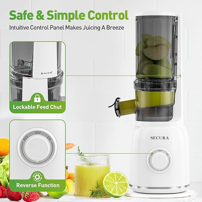 Secura Mesh Free Slow Juicer with Stainless Steel Prong Spiral Auger, Cold Press Juicer, Masticating Juicer Machines with Quiet Motor & Reverse Function for Vegetables and Fruits, White