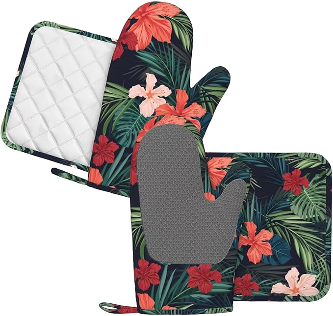 Tropic Hawaiian Hibiscus Flower Oven Mitts Pot Holders Set Silicone Heat Resistant Green Leaves Red Floral Oven Mitts and Hot Pads Potholders Non-Slip Oven Gloves for Cooking Baking Grilling