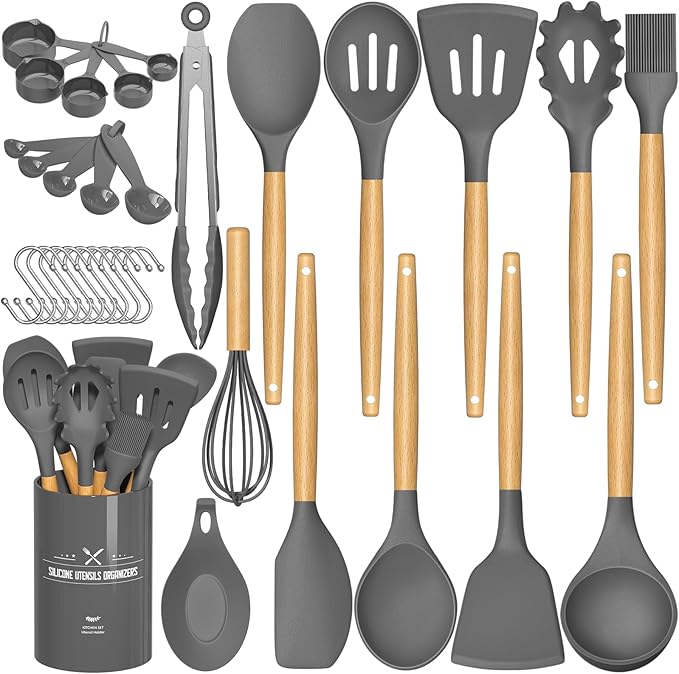 Umite Chef Kitchen Cooking Utensils Set, 33 pcs Non-stick Silicone Spatula Set with Holder, Woodle Handle Heat Resistant Gadgets Utensil (Gray)