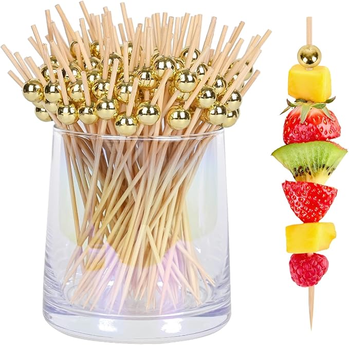300Pcs Fancy Toothpicks for Appetizers,4.7Inch Gold Pearl Cocktail Picks For Drinks,Bamboo Appetizer Skewers for Charcuterie Boards Accessories,Martini, Sandwich,Desserts,Fruit,Gold Party Decorations