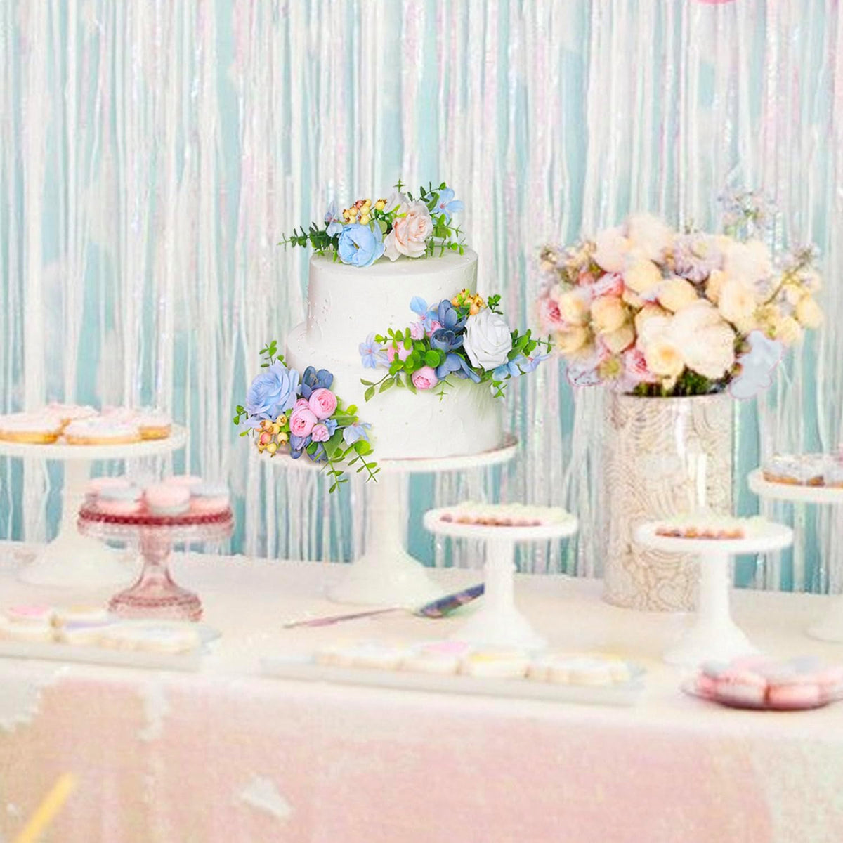 Rinlong 3Pcs Baby Blue Pink Cake Topper Pre-made Cake Decorations Pastel Blush Wedding Cake Decorating Flowers Cake Decor for Baptism Girl Women Birthday Party