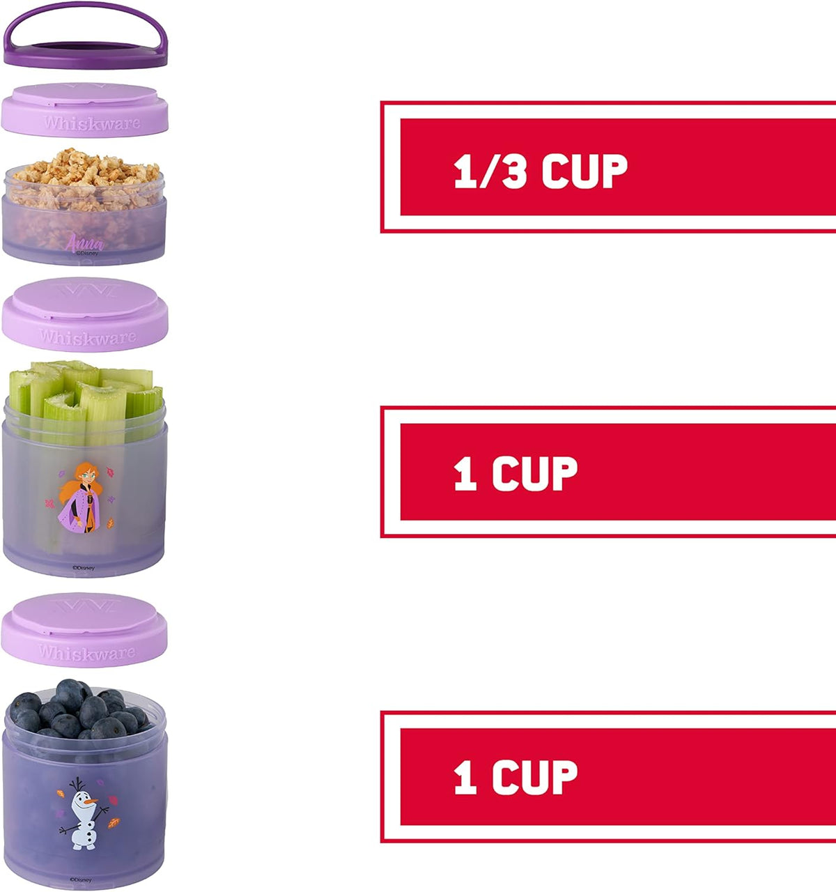 Whiskware Disney Princess Frozen, Stackable Snack Containers for Kids, Durable Food Storage Containers for Daycare, Car, and Airplane Travel, Dishwasher Safe, Anna and Olaf