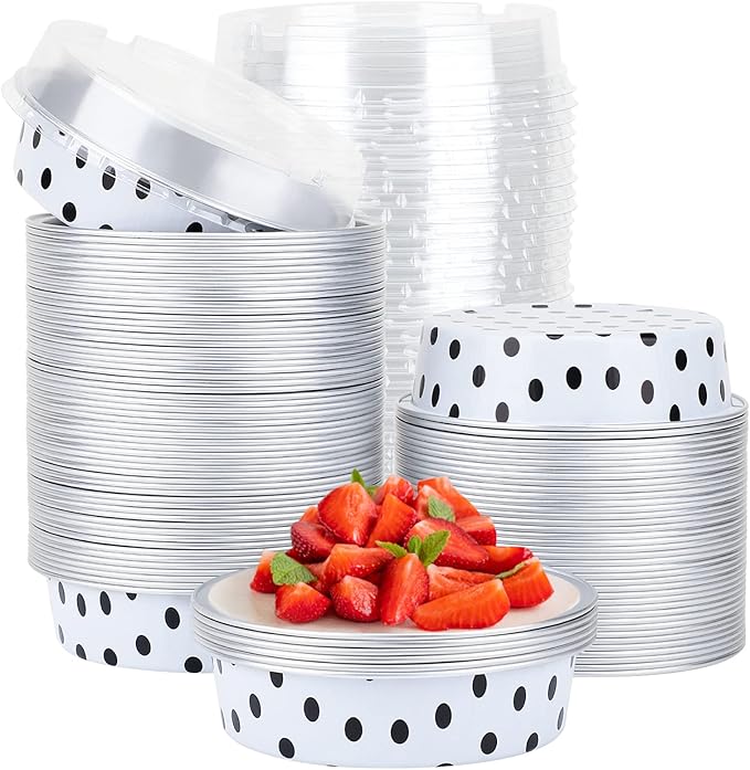 Beasea Mini Tart Pans with Lids 100 Pack, 4” 8oz Disposable Aluminum Baking Foil Tins Round Small White Black Dot Container for Individual Cupcake Dessert Muffin Ramekin Cheesecake Quiche Oven Dishes