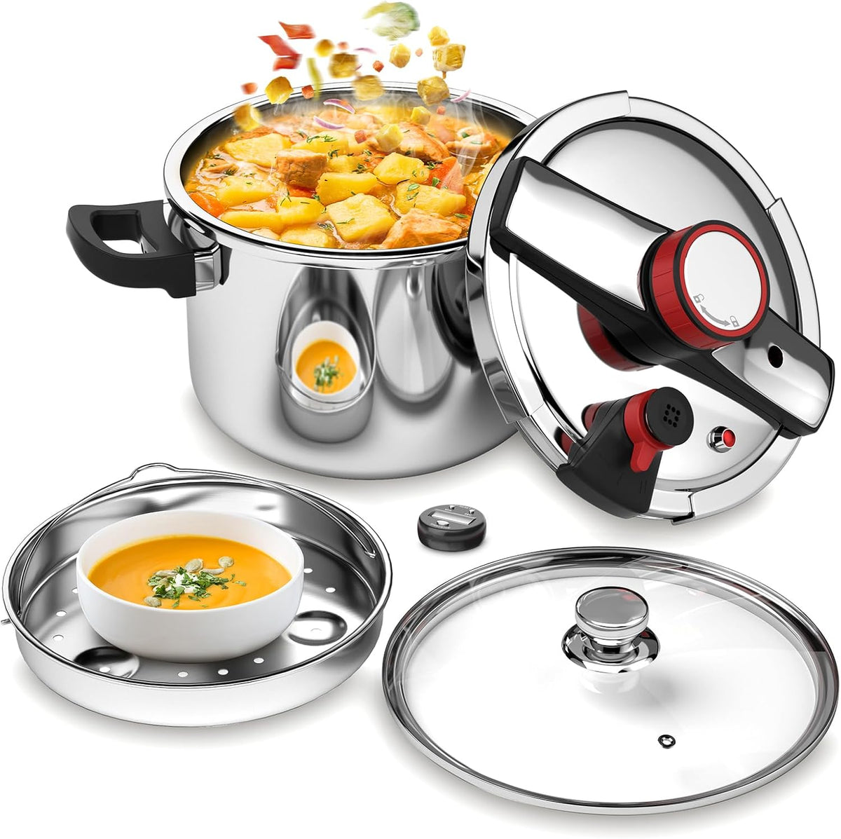 BreeRainz 8.45QT 304 Stainless Steel Pressure Cooker, 3-Stage PSI Settings, One-Hand Locking,Explosion-Proof Pot w/Extra Glass Lid, Timer, Steaming Rack(Induction Compatible)
