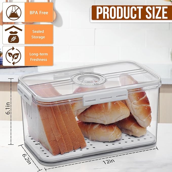 Gifhomfix Bread Box Bread Boxes for Kitchen Counter Airtight, Time Recording Bread Storage Container with Lid, Bread Keeper for Homemade Bread, Toast, Bagel, Donut and Cookies, White