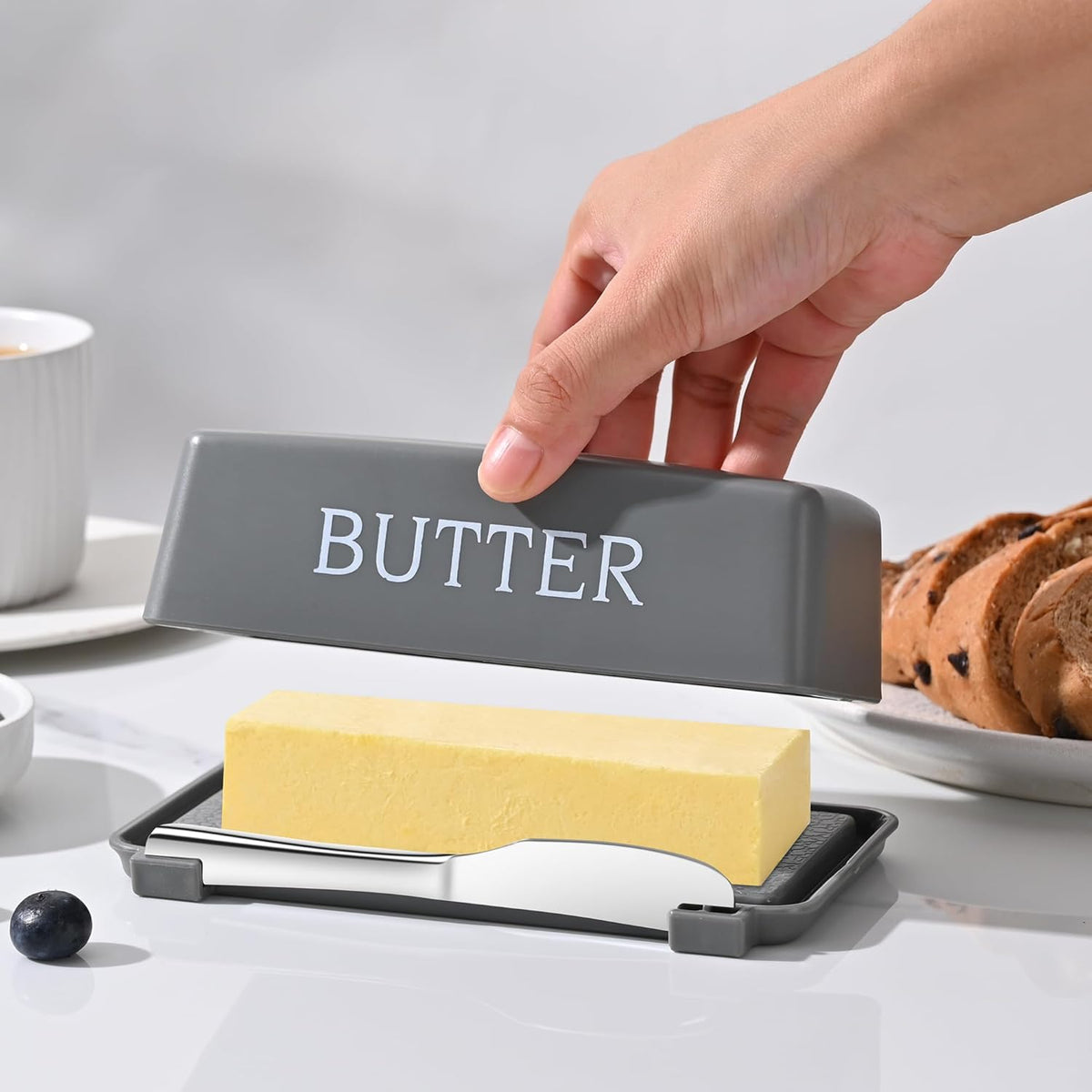 Butter Holder With Cover And Knife,Food Grade Plastic Butter Dishes With Lid And Spreader,Grey Cheese Storage Container For Countertop
