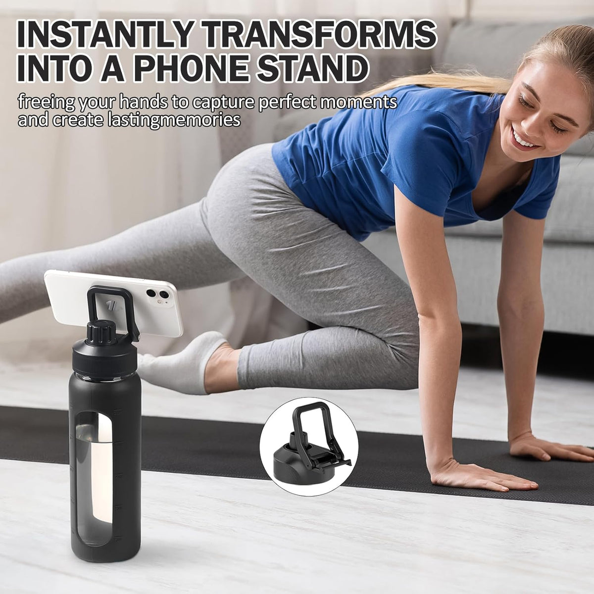Glass Water Bottle with Straw, 24oz Glass Drinking Bottle with 2 Lids-Bamboo and Spout Lid with Phone Holder Handle for Gym Sports,with Silicone Sleeve and Time Marker,Black