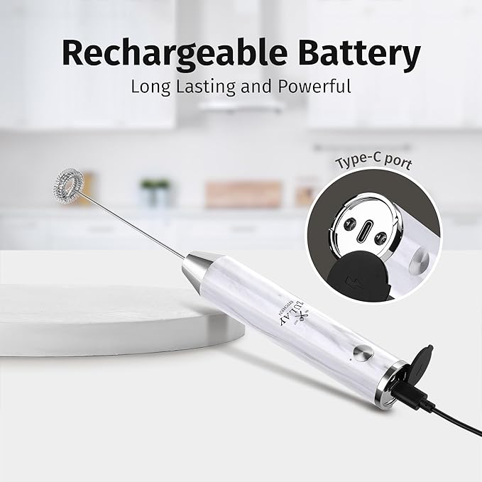 Zulay Kitchen Rechargeable Milk Frother Handheld Lux - Powerful 2-Speed Motor, Waterproof, 2000mAh Battery - Drink Mixer for Latte, Cappuccino, Matcha & Protein Powder - White Marble