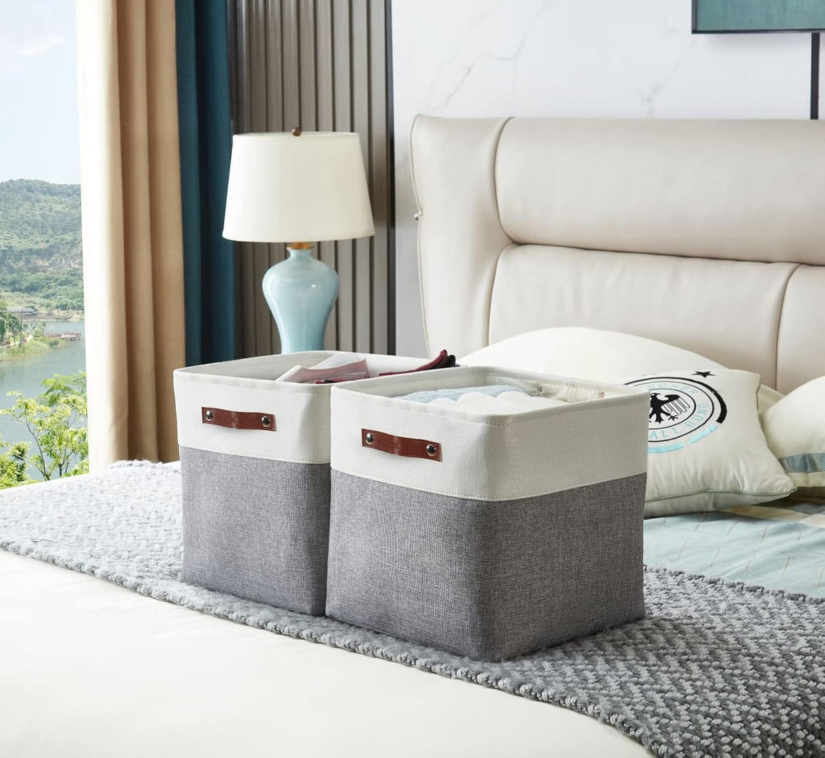 DECOMOMO Storage Cubes, 12x12 Storage Bins, Baskets for Shelves (Grey & White, Cube 12" - 4 Pack)