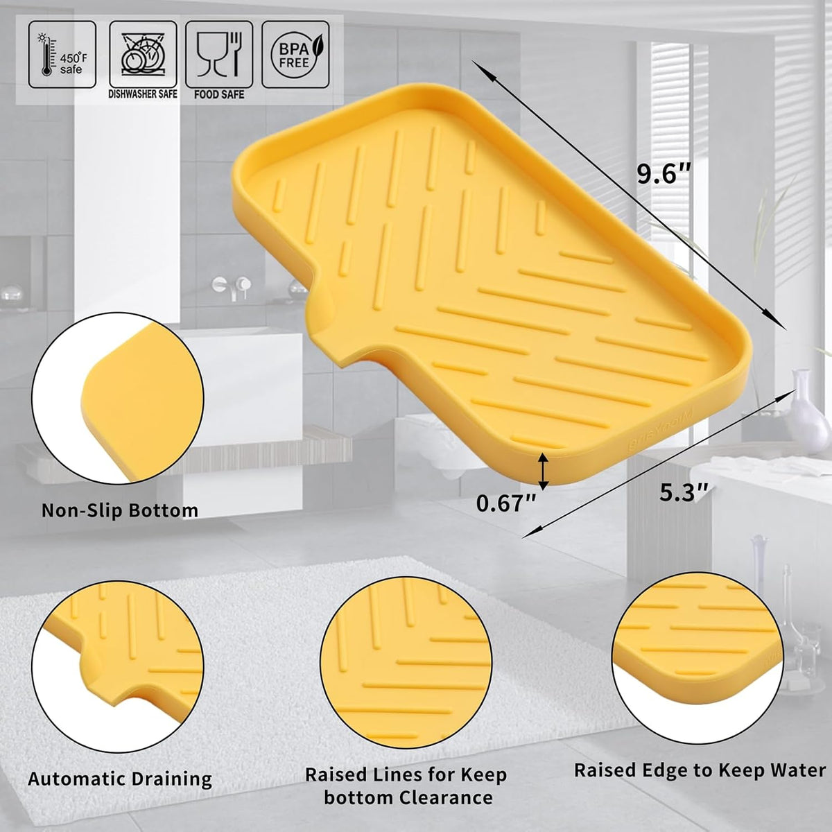 Silicone Bathroom Soap Dishes with Drain Spout-Bathroom and Kitchen Sink Organizer,Sponge Holder,Dish Soap Tray,Perfect for Dispenser,Scrubber,Bottle,Cup on Sink or Counter-Yellow 9.6"×5.3"