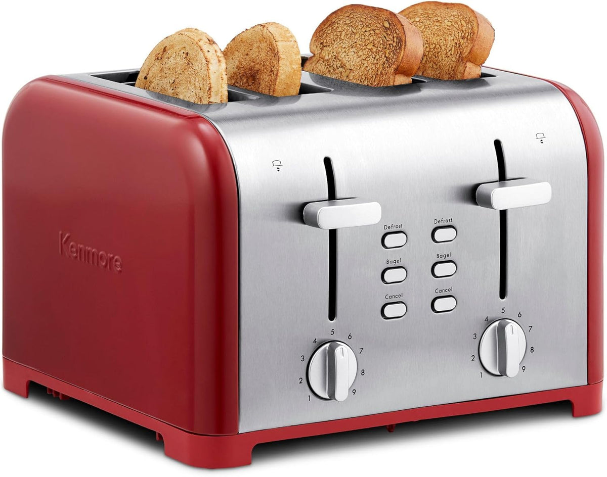 Kenmore Toaster 4 Slice - Extra Wide Slot Countertop Kitchen Appliance, Defrost Function, Grille-Pain, 9 Shade Settings, Compact Design, Easy Clean Crumb Tray, Bread Bagel, Stainless Steel & Red