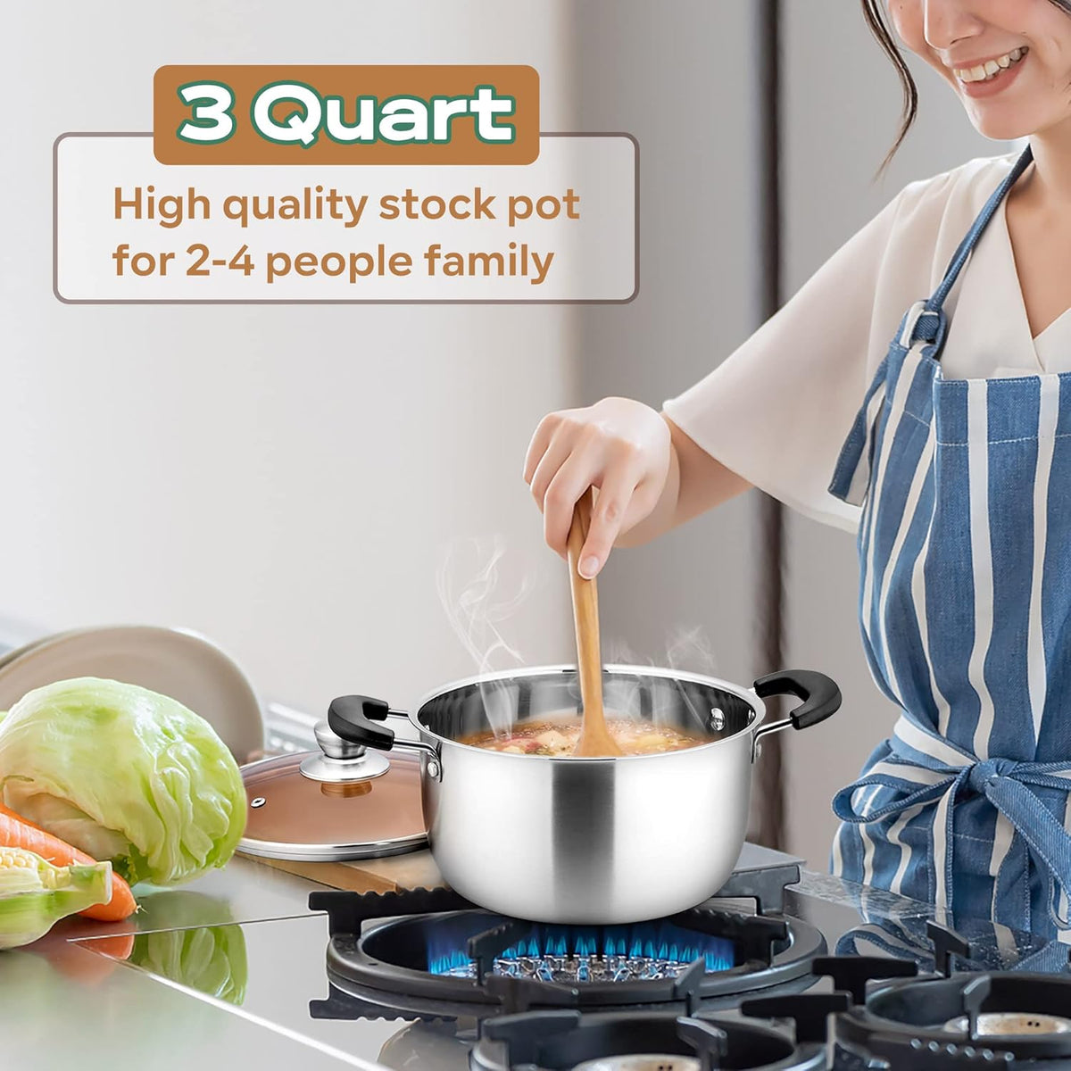LIANYU 3QT Stainless Steel Stock Pot, Cooking Soup Pot with Lid, Heavy Duty Pasta Stockpot for Strew Simmer Boiling, Heat-proof Handle, Dishwasher Safe