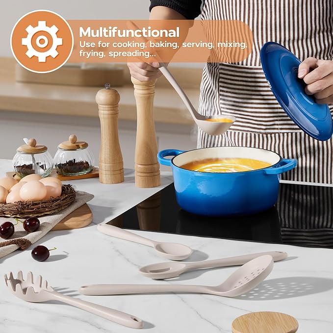 Onader Silicone Cooking Utensils Set of 10, Kitchen Utensils for Nonstick Cookware, Heat Resistant & Nontoxic Spatula Set- Khaki