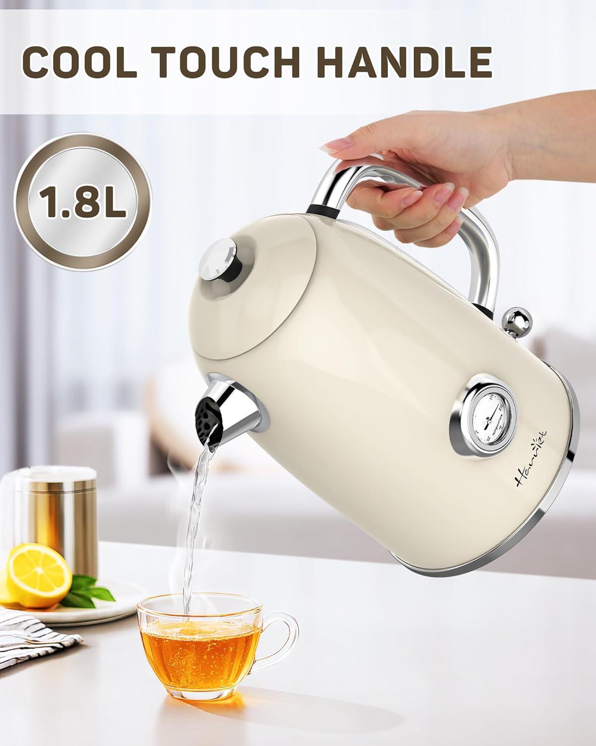 Harriet Electric Kettle, 1.8L Retro Electric Tea Kettle with Thermometer, 1500W Stainless Steel Hot Water Kettle Electric with LED Indicator, Fast Boiling, Cordless, Auto Shut-Off, Beige White