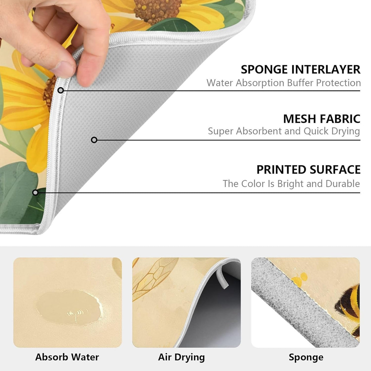 Honey Bee Dish Drying Mat for Kitchen Counter Absorbent Microfiber Small Drying Pad Dish Yellow Flowers Leaves Mats for Kitchen Countertops 16 x 18 Inch