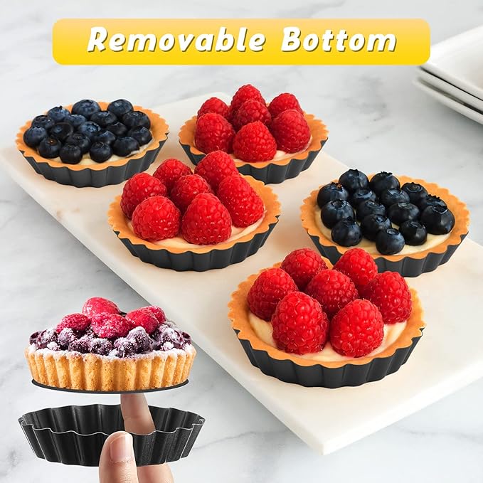 Tessco 16 Pieces Mini Tart Pans with Removable Bottom Nonstick Quiche Mini Pie Tart Pans Bakeware Mold Fluted Side for Pies(Black Gray Round,3 Inch)