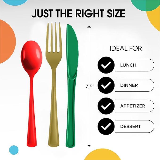 Party Solids Christmas Plastic Silverware Heavy Duty 150 Pieces Christmas Plastic Cutlery Sets, Utensil Sets, 50 Of Each Forks, Knives & Spoons Disposable Cutlery Set, Flatware Set For Party Supplies