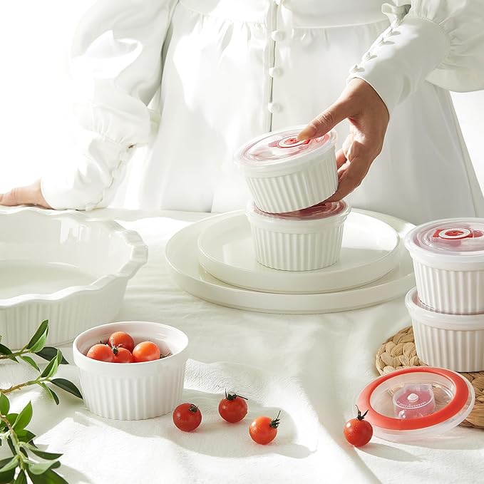 Sweese 6-Pack 8 oz Porcelain Ramekins with Lids, White Souffle Dishes for Baking, Creme Brulee Cups, Oven-Friendly Pudding Custard Bowls – Versatile Kitchen Essentials for Baking and Storing