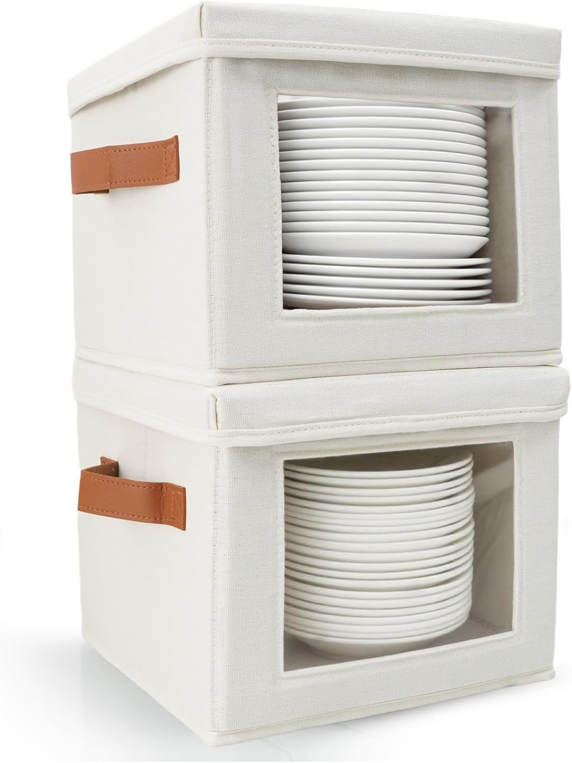 HOMELUX THEORY Plate Storage Box, 2pc 10"x8" Ivory Hard Shell China Storage Containers, Kitchen Storage Bins With Lids, Heavy Duty Moving Box with Handles for Dishes, Dinner Plate & Dinnerware