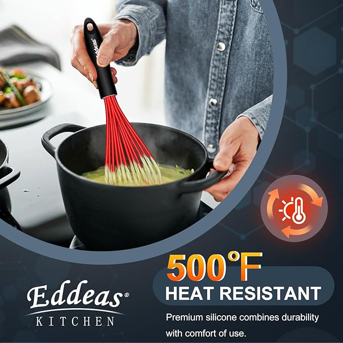 Silicone Whisk, 500°F Heat Resistant Whisks For Cooking, Non-Scratch Coated Whisks set of 3 7",9"&11inch, Balloon Kitchen Wisk tool Set, for Wisking, Blending, Beating, Stirring, Red