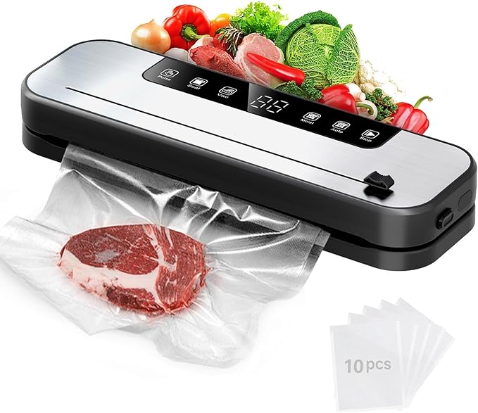 FIRE HIVE 5-in-1 Vacuum Sealer Machine for Food, 75KPa Powerful Suction, 11.8" Sealing Strip, Purple Light Clean, Built-in Sliding Cutter, Dry & Moist Modes, LED Display, 10 Vacuum Bags Included