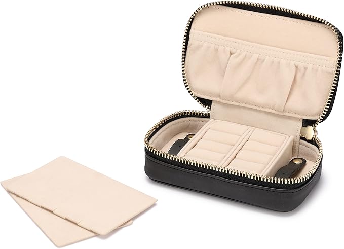 HISCOW Vegan Leather Travel Jewelry Case with Zipper - Portable Necklace & Earring Holder Organizer for Women Girls, Velvet-Lined Ring Box with Anti-Tarnish Design, Black