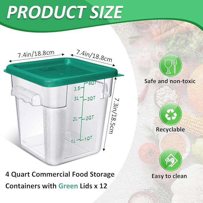 Yungyan 12 Pcs 4 Qt Commercial Food Storage Containers with Lids Restaurant Square Airtight Food Storage Containers Clear Cereal Containers for Kitchen Freezer Dishwasher Pantry(Green Lid)