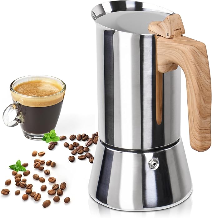 Uncoated 2 Cup Moka Pot 304 Thickened Stainless Steel Coffee Maker Stovetop Espresso Coffeemaker Italian Classic Style Brewing Greca Cafe Mocha Machine for Cafeteras Camping Travel Home 100ml 3.3oz
