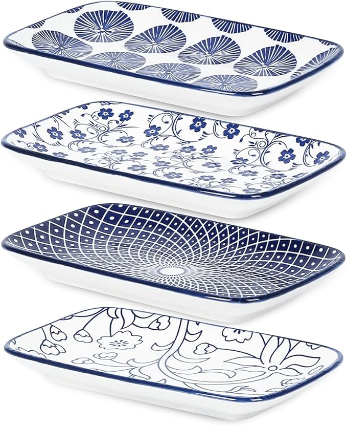 Selamica Ceramic Rectangular Salad Plates Set of 4, 8 Inch Small Serving Plates for Appetizers, Sushi, Fruit, Vintage Blue