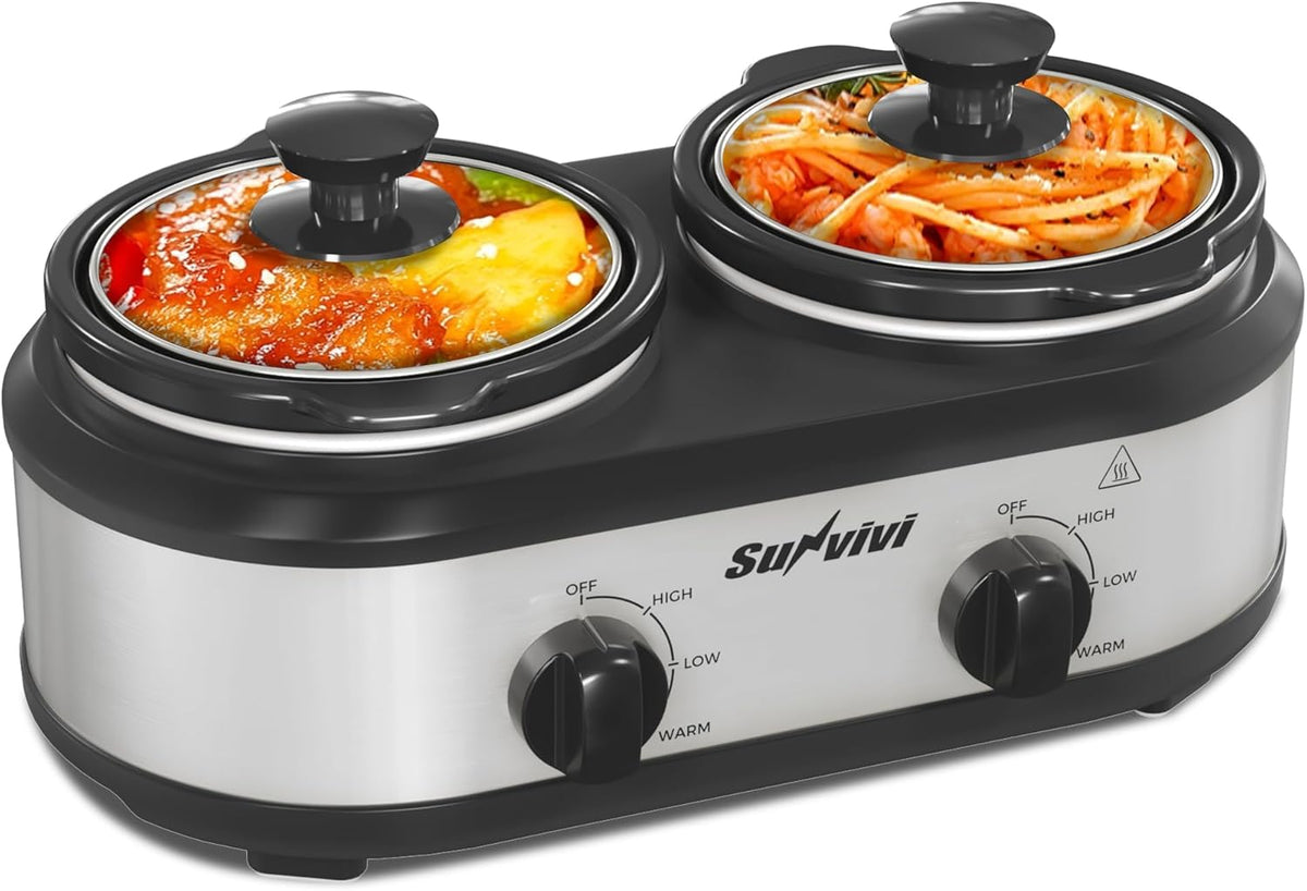 Sunvivi Dual Slow Cooker, Buffet Server and Food Warmer, Small Mini Pot with 3 Adjustable Temp & 2 Visible Glass Lids, for Parties, Holidays and Entertaining, Stainless Steel, 2 * 1.25 Quarts