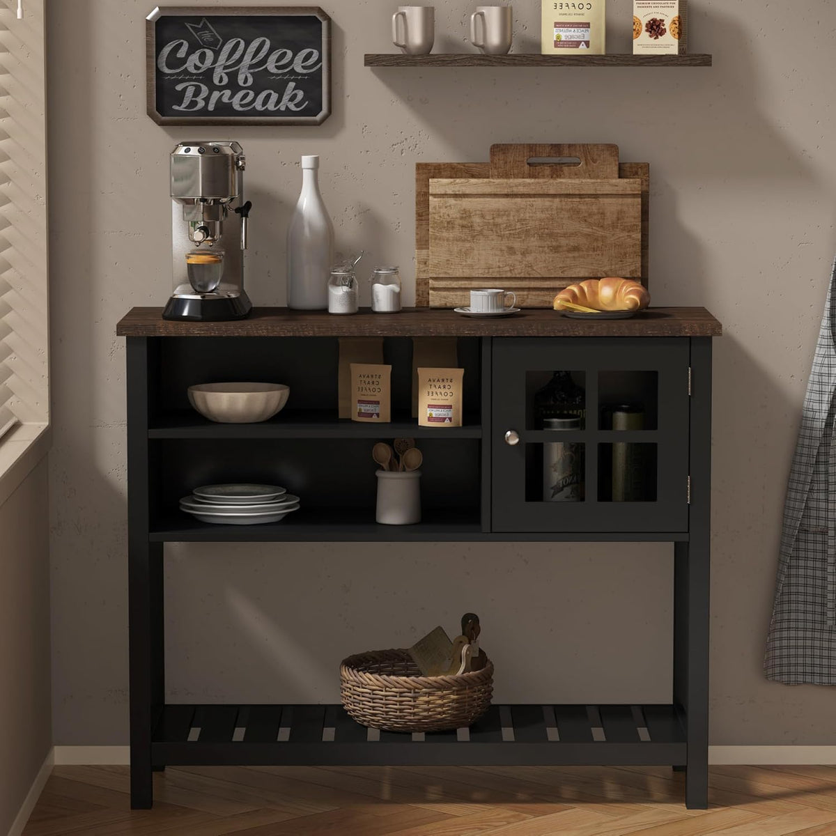 ChooChoo Farmhouse Coffee Bar Cabinet, Buffet Cabinet with Storage, Sideboard Buffet with Glass Door, Console Table for Kitchen, Hallway, Entrance, Black