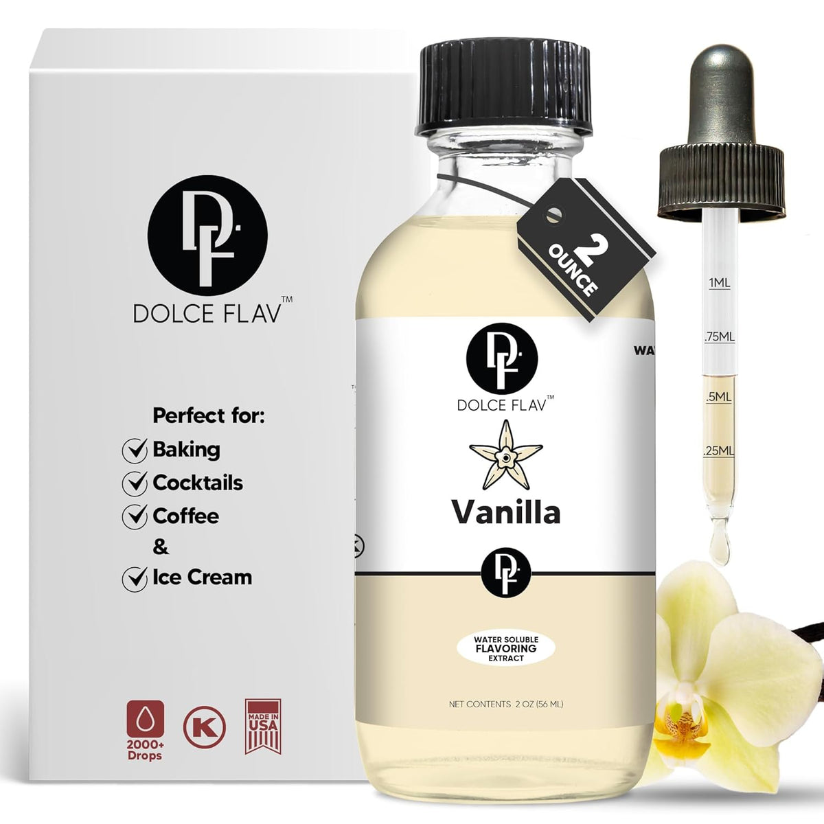Dolce Flav Vanilla Extract – 2 Ounce Water-Soluble Kosher, Sugar-Free, Concentrated Vanilla Flavoring for Baking, Cookies & Desserts, Includes Measured Dropper