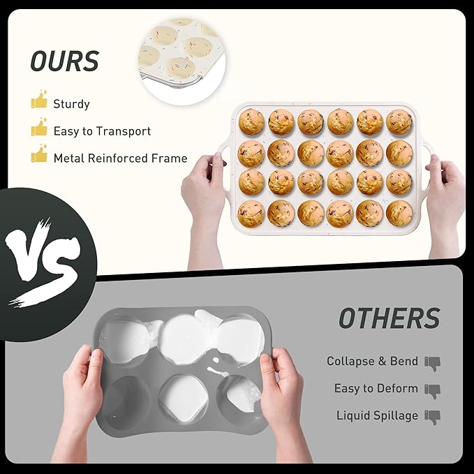 2 Packs 24 Cups Silicone Muffin Pan with Metal Reinforced Frame Mini Size Cupcake Pan Tray Egg Bites Silicone Circle Cookie Molds Muffin Tin Tart Pans Baking Sheet Set for Breakfast Sandwiches