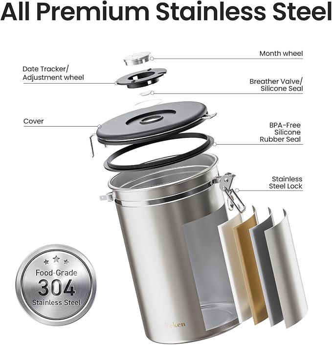 Veken Coffee Canister, 39OZ Large, Airtight Stainless Steel Food Storage Container for 2.2lbs Coffee Beans, Ground, Sugar, Tea, Flour, Cereal, Kitchen Bar Accessories with Date Tracker & Scoop, Silver