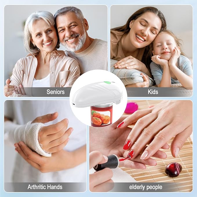 HuiJuKeJi Electric Can Opener, Rechargeable Automatic Can Opener for Seniors with Arthritis, One-Touch Hands-Free Can Opener for Almost Can Sizes, Smooth Edge & Food-Safe Kitchen Gadgets-White