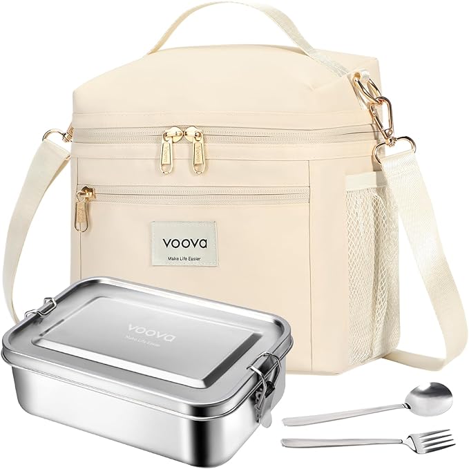 Voova Stainless Steel Lunch Box with Lunch Bag for Women Men Adult, (42oz/1200ml) Leakproof Metal Bento Box with Free Sealing, Insulated Lunchbox for School Work, Beige