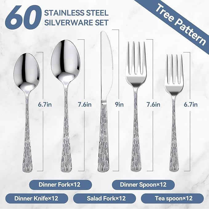 Yoehka 60-Piece Hammered Silverware Set for 12, Stainless Steel Flatware Set with Tree Pattern Handles, Mirror Polished Cutlery/Utensils Set for Home, Restaurant, Hotel, Dishwasher safe
